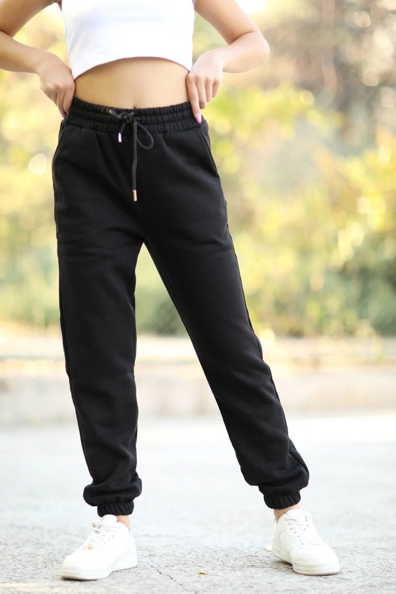 Giysa Women's Black Pocketed Sweatpants Elastic Legs and Drawstring Waist 3 Rope Raised Cotton Blend - 2529-9016  - Image 4