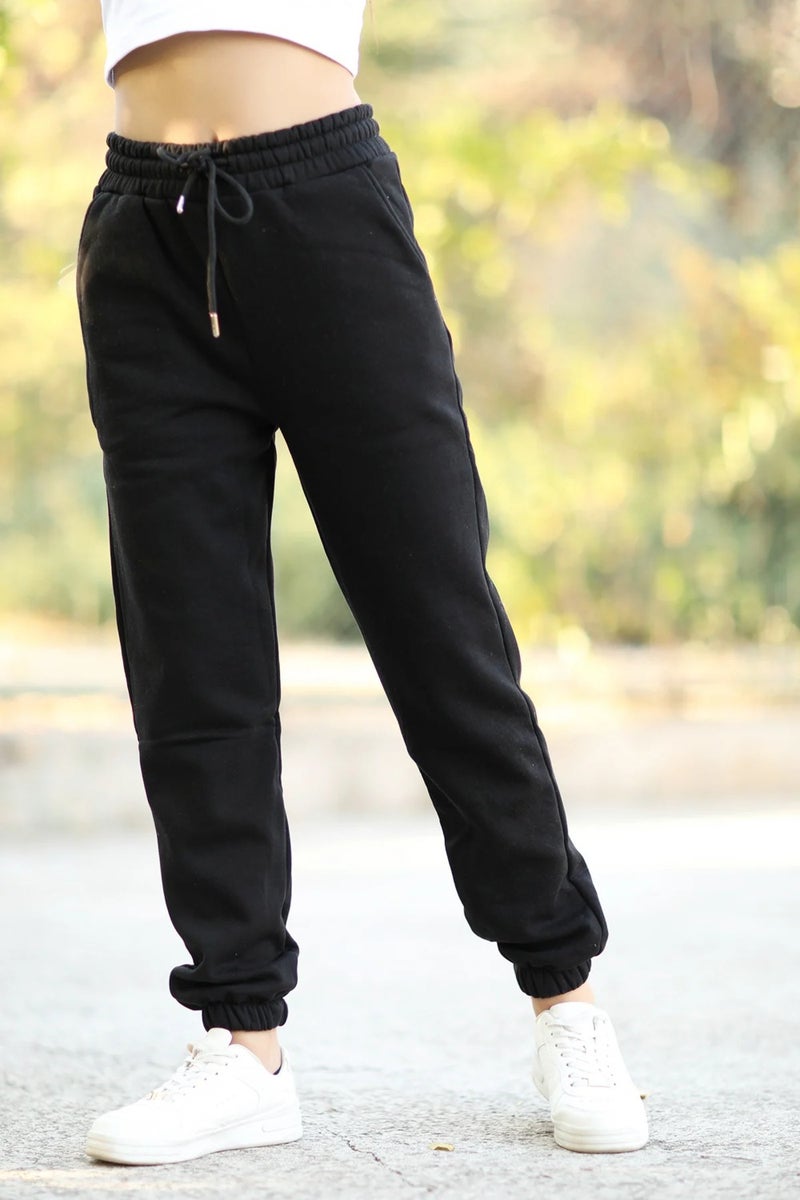 Giysa Women's Black Pocketed Sweatpants Elastic Legs and Drawstring Waist 3 Rope Raised Cotton Blend - 2529-9016  - Image 3