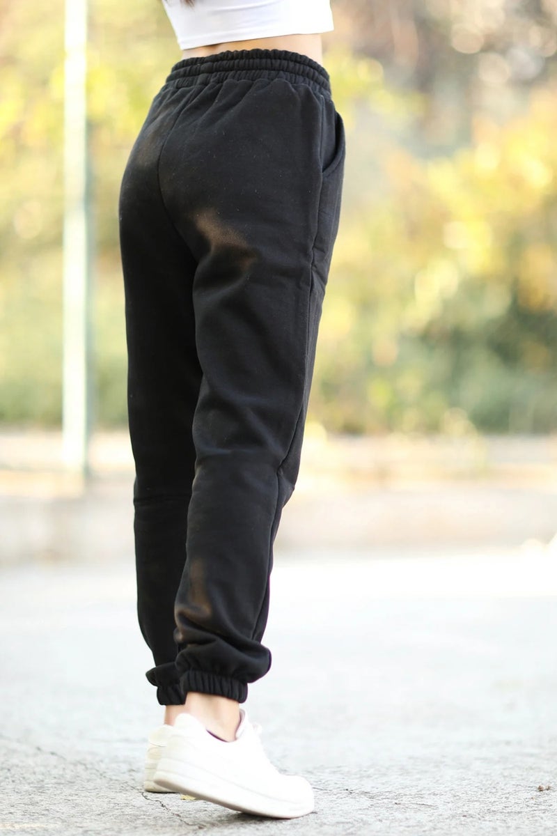 Giysa Women's Black Pocketed Sweatpants Elastic Legs and Drawstring Waist 3 Rope Raised Cotton Blend - 2529-9016  - Image 5