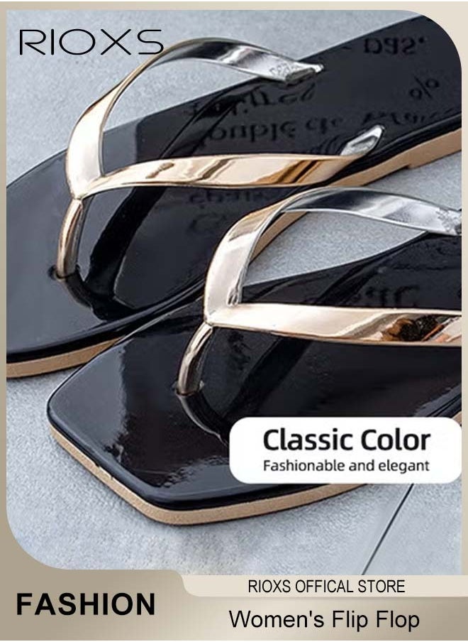 RIOXS Women's Flip Flop, Fashion Square Toe Flat Slippers, Casual Anti-Slip Beach Flat Sandal, Bathroom Slippers Shower Slippers, Non-Slip Platform Sandals For Indoor Or Outdoor Use  - Image 4