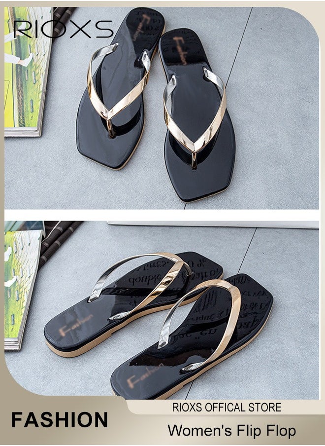 RIOXS Women's Flip Flop, Fashion Square Toe Flat Slippers, Casual Anti-Slip Beach Flat Sandal, Bathroom Slippers Shower Slippers, Non-Slip Platform Sandals For Indoor Or Outdoor Use  - Image 3