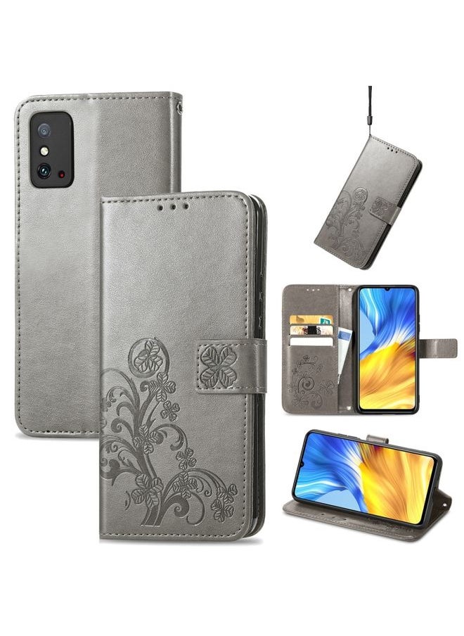 HuHa Case Cover For Honor X10 Max 5G Four-leaf Clasp Embossed Buckle Leather Phone Case Grey 