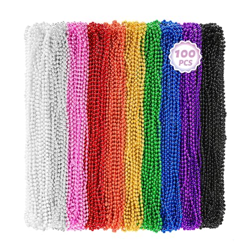 Huskein 100 PCS Mardi Gras Beads 33 Assorted Colors Carnival Beads Bulk 10 Kinds Colors Beaded Stuff Set Parade Accessories Set Round Costume Necklaces for Festive Party Supplies - Image 1