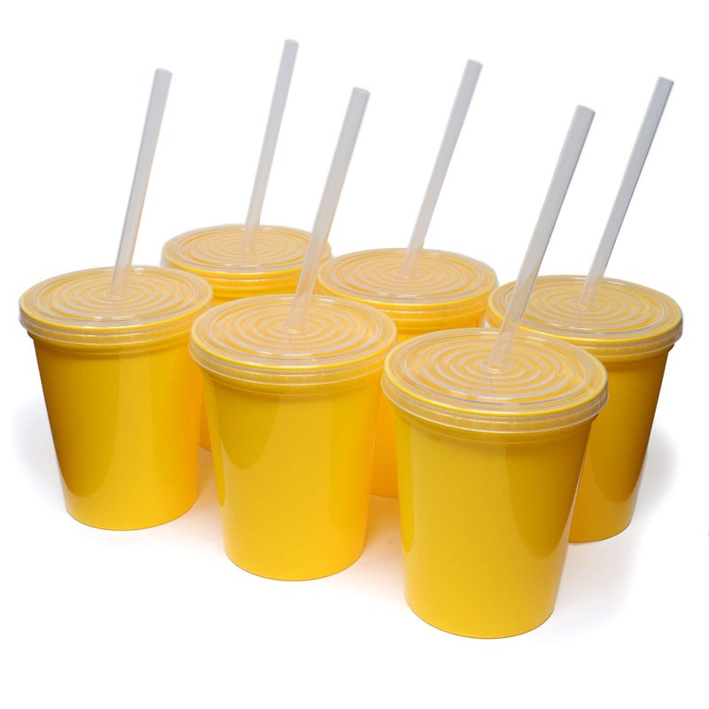 Rolling Sands 16 Oz Reusable Plastic Stadium Cups with Lids 6 Pack USA Made Plastic Tumblers and Lids Includes 6 Reusable Straws Dishwasher Safe Yellow