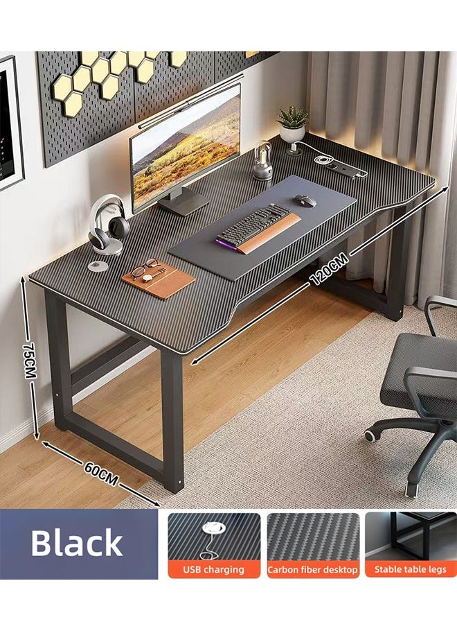 Computer Desk, 120cm Gaming Table, Home Office Desk Equipped with USB Ports and Cable Holes, Metal Frame Study Table, Minimalist Laptop Desk, Large Office Workstation (Black) - Image 2