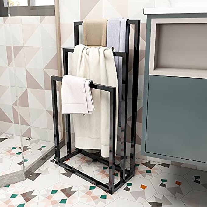 رف مناشف أسود قائم بذاته بثلاث طبقات، حامل معدني لقضيب المناشف، قضبان تجفيف عصرية مقاومة للصدأ، منظم تخزين للحمام لمناشف اليد، منشر لتجفيف ملابس المطبخ - Image 4