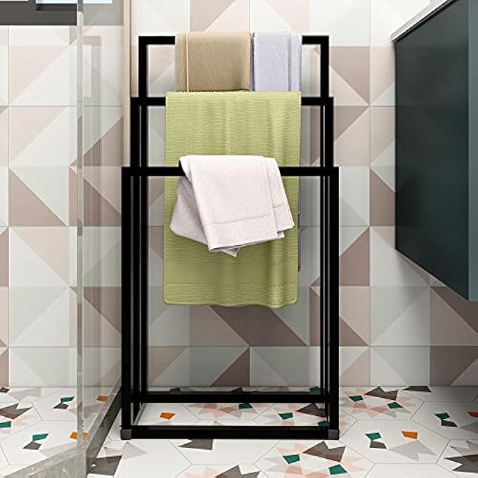 رف مناشف أسود قائم بذاته بثلاث طبقات، حامل معدني لقضيب المناشف، قضبان تجفيف عصرية مقاومة للصدأ، منظم تخزين للحمام لمناشف اليد، منشر لتجفيف ملابس المطبخ - Image 5