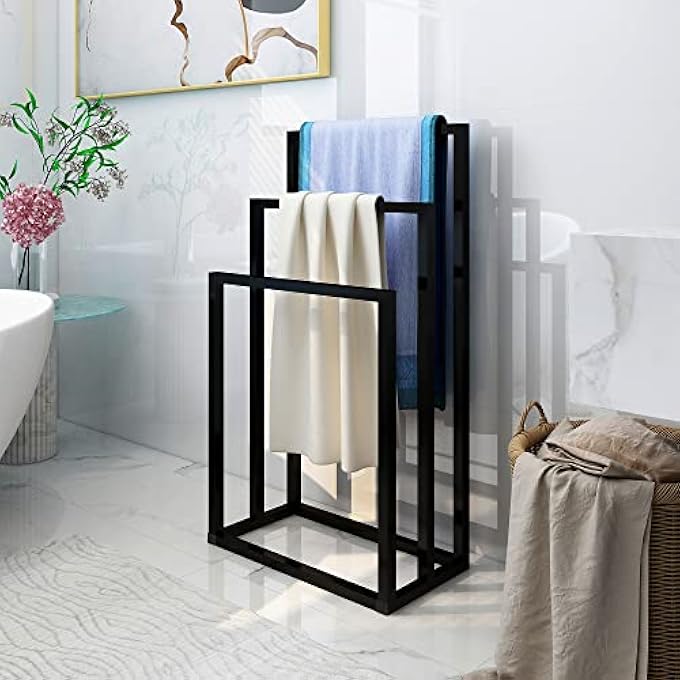 رف مناشف أسود قائم بذاته بثلاث طبقات، حامل معدني لقضيب المناشف، قضبان تجفيف عصرية مقاومة للصدأ، منظم تخزين للحمام لمناشف اليد، منشر لتجفيف ملابس المطبخ - Image 1