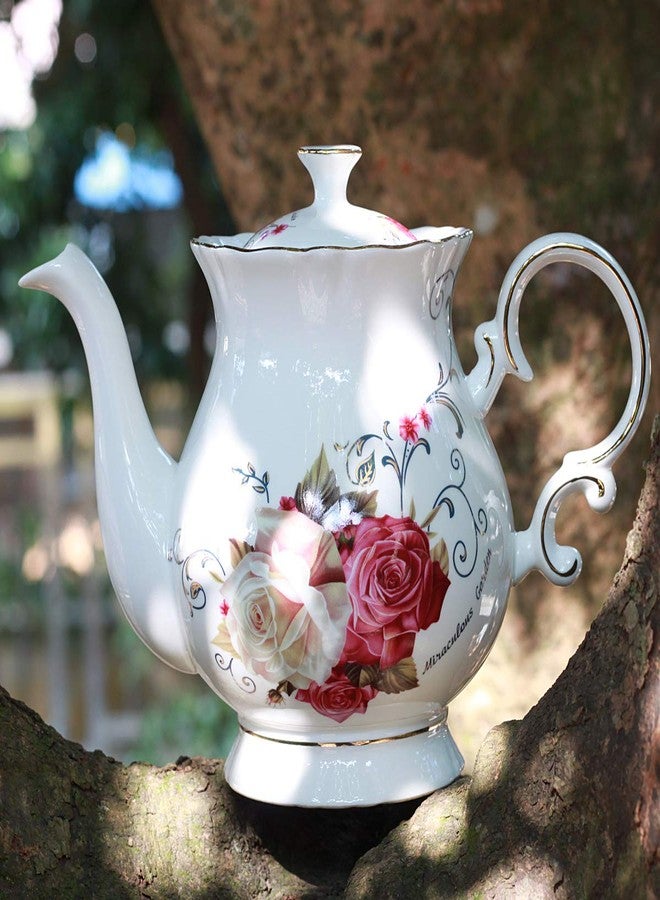 Jomop European Style Ceramic Flower Teapot Coffee Pot Water Pot Porcelain Gift Large 5.5 Cups (1, Rose) - Image 4