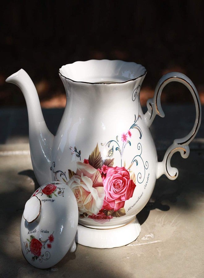 Jomop European Style Ceramic Flower Teapot Coffee Pot Water Pot Porcelain Gift Large 5.5 Cups (1, Rose) - Image 2
