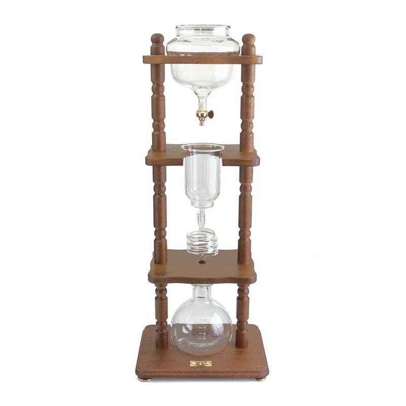 Yama Glass Yama Cold Brew Maker I Ice Coffee Machine With Slow Drip Technology I Makes 68 cups 32oz Large Capacity Cold Brew Coffee Tower Brown Wood Curved Frame 