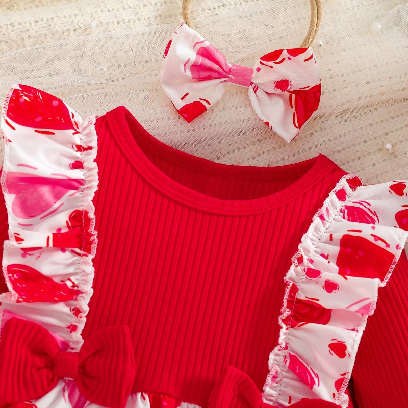Wolbay Newborn Infant Valentines Baby Girl Outfit Love Print Romper Drees Ruffles Bodysuit Jumpsuit Clothes And Headband (Red  0-3 Months) - Image 4