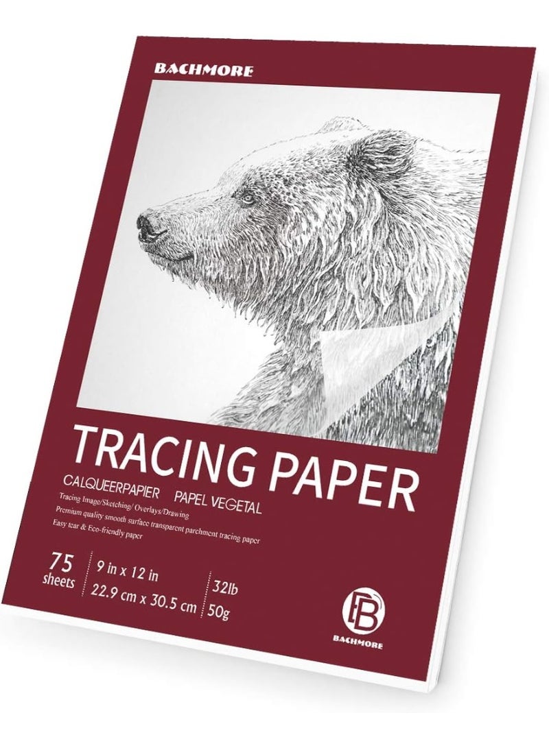 BB Bachmore Bachmore 9â€x12â€ Artistâ€™s Tracing Paper Pad, 75 Sheets â€“ Translucent Tracing Paper for Pencil, Marker and Ink - Trace Images, Sketch, Preliminary Drawing, Overlays 32 LB / 50 GSM - Image 1