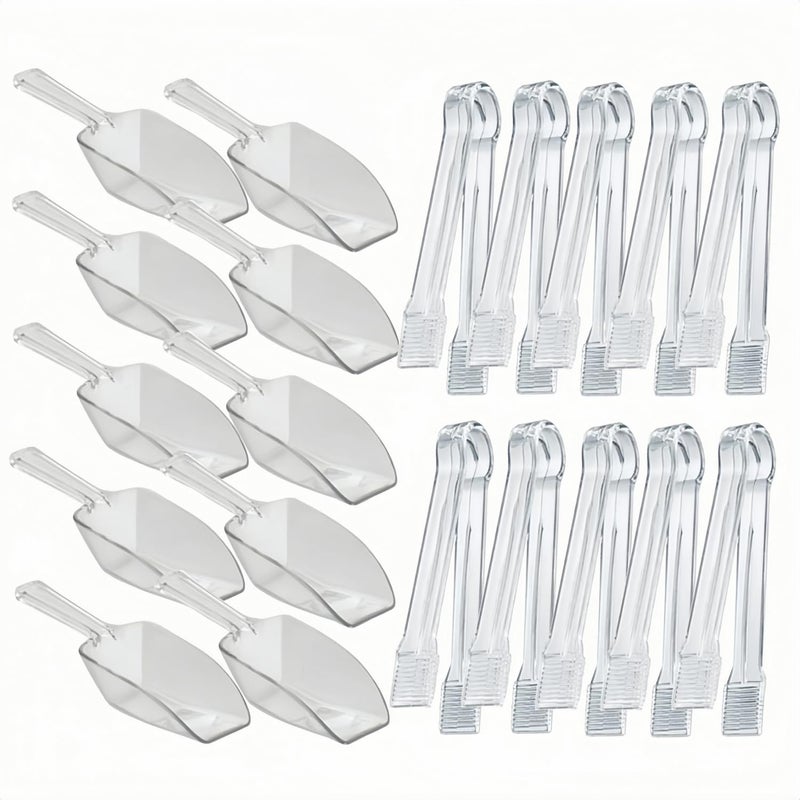 POFUIERKN 20 Pack of Set Plastic Buffet Serving Tongs Mini Serving Utensil Tongs Appetizers Tongs and Plastic Kitchen Scoops Clear Ice Scoop Buffet Scoop for Candy Dessert Buffet Ice