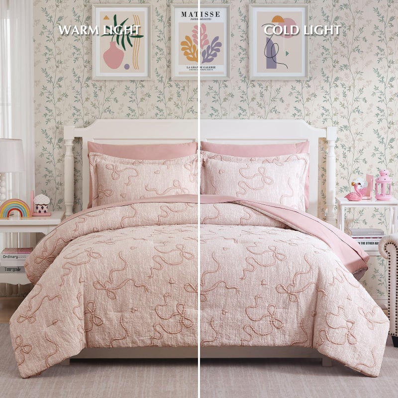 Geniospin Pink Queen Comforter Set for Girls- 7 Pieces Bowknot Jacquard Bed in A Bag Queen Bedding Sets with Sheets, Pillowcases & Shams, All Season Kids Comforter Set - Image 5