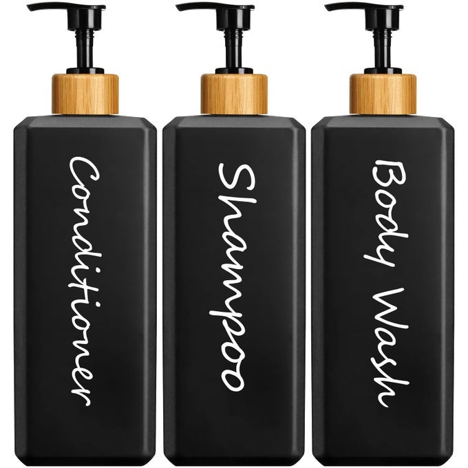 SHAMPOO AND CONDITIONER DISPENSER REFILLABLE BLACK REFILLABLE SHAMPOO AND CONDITIONER BOTTLES WITH BAMBOO PUMP MODERN BATHROOM SHOWER BOTTLES SET FOR SHAMPOO CONDITIONER BODY WASH 3 PACK