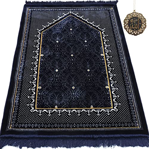 Modefa Turkish Islamic Velvet Prayer Rug - Thick & Wide Soft Carpet for Men & Women - Large Muslim Salah Mat - Ramadan & Eid Gift - with Car Hanger - Double Plush Topkapi (Black) - Image 1