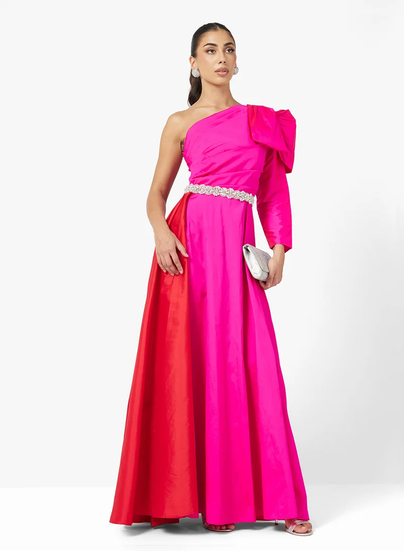 Namshi x One Shoulder Contrast Toned Dress With Embelished Waist