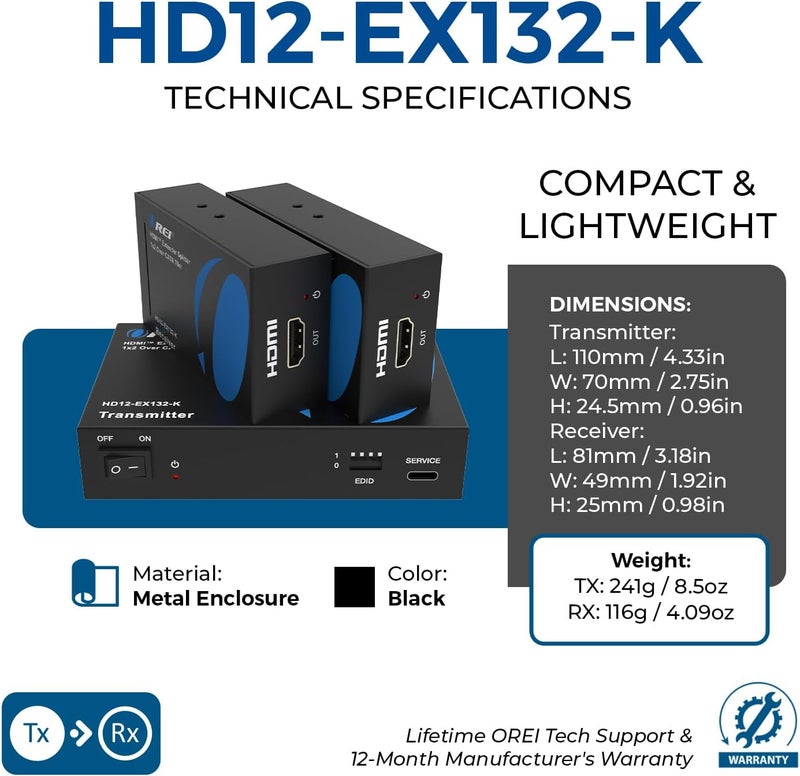 OREI 1x2 HDMI Extender Splitter Over Single Cable CAT6/7 1080P EDID Management - Up to 132 Ft - Loop Out - Low Latency - Image 5