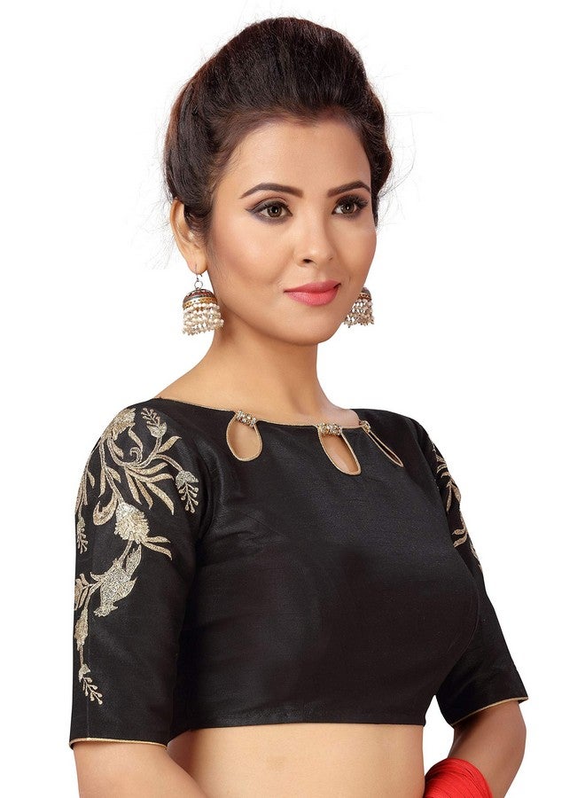 Studio Shringaar Women's Polyester Embroidered Readymade Saree Blouse With Elbow Length Sleeves (Black, 42) - Image 2