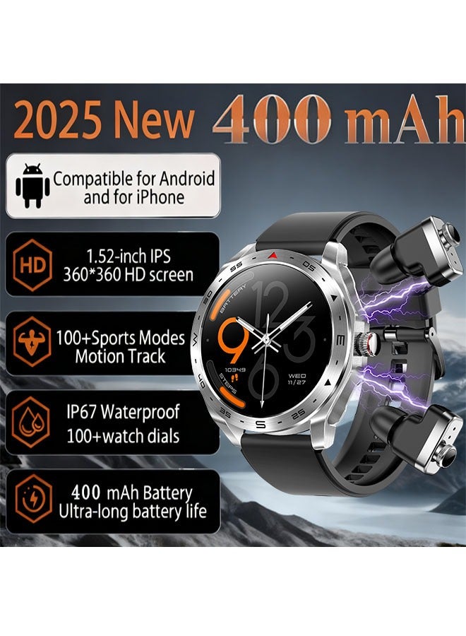 RollsTimi  Men's 2-in-1 Smart Bluetooth Watch with Earbuds, 1.52-Inch HD Full Touch Large Screen, Multiple Sports Modes, Sports and Sleep Monitoring, IP67 Daily Waterproof, Compatible with Android 5.0 and iOS 10.0 or Above Systems, RT T95 - Image 1