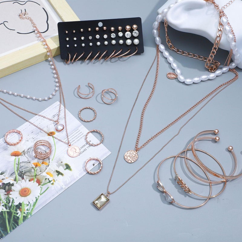 NEWITIN 67 Pieces Rose Gold Jewelry Set for Women Fashion Costume Jewelry Gold Plated Necklace Bracelet Ring Earrings Set for Women - Image 2