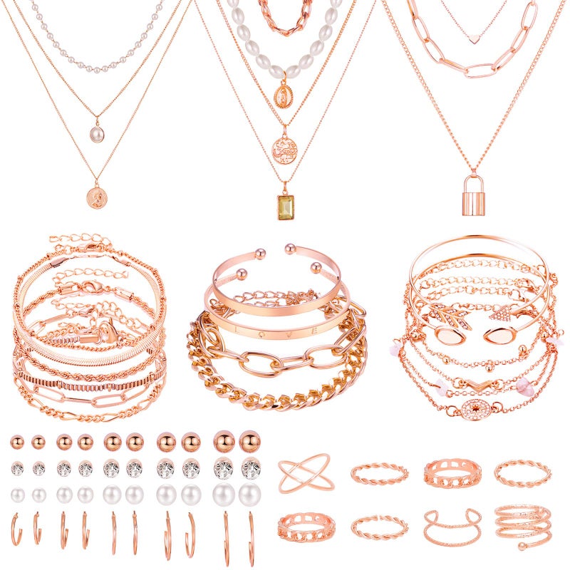 NEWITIN 67 Pieces Rose Gold Jewelry Set for Women Fashion Costume Jewelry Gold Plated Necklace Bracelet Ring Earrings Set for Women - Image 1