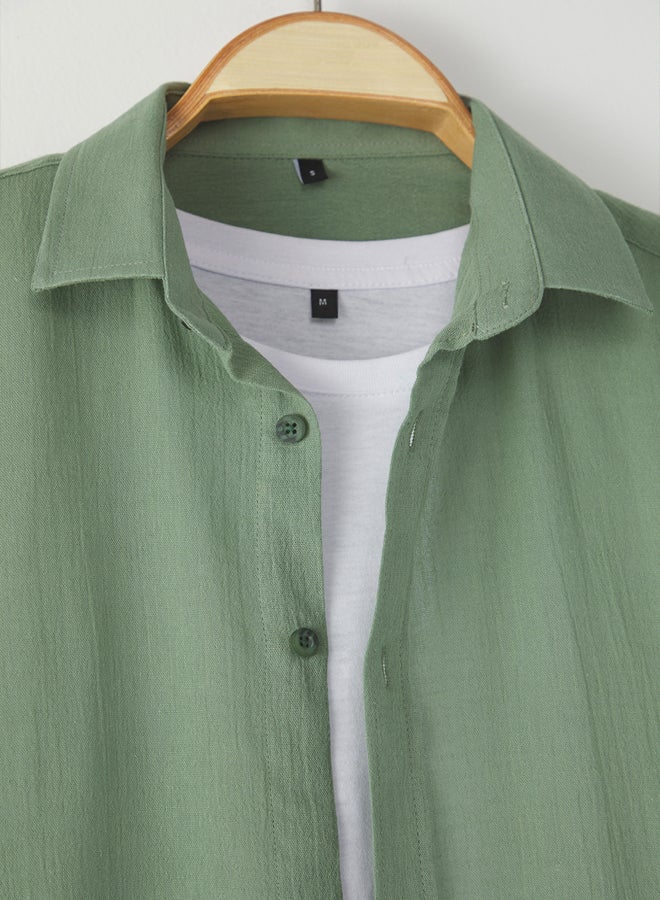 trendyol Khaki Regular Fit Epaulette Wrinkled Effect Linen Look Shirt - Image 5