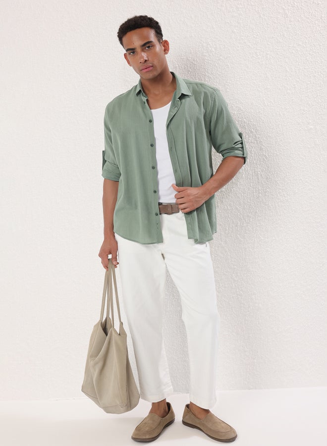 trendyol Khaki Regular Fit Epaulette Wrinkled Effect Linen Look Shirt - Image 1