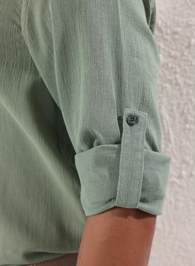 trendyol Khaki Regular Fit Epaulette Wrinkled Effect Linen Look Shirt - Image 3