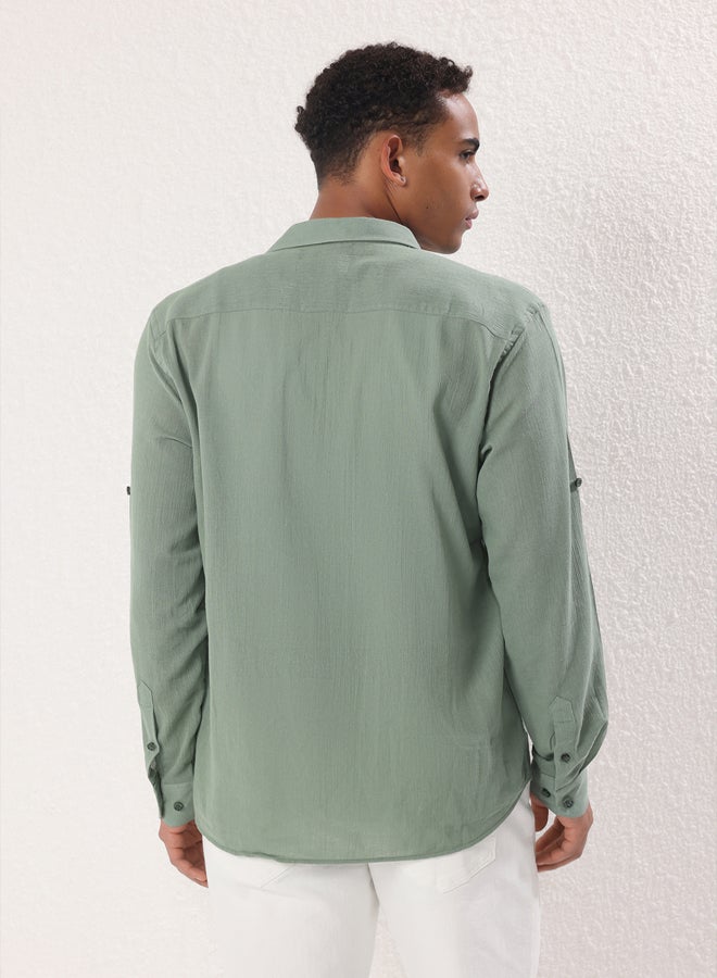 trendyol Khaki Regular Fit Epaulette Wrinkled Effect Linen Look Shirt - Image 4