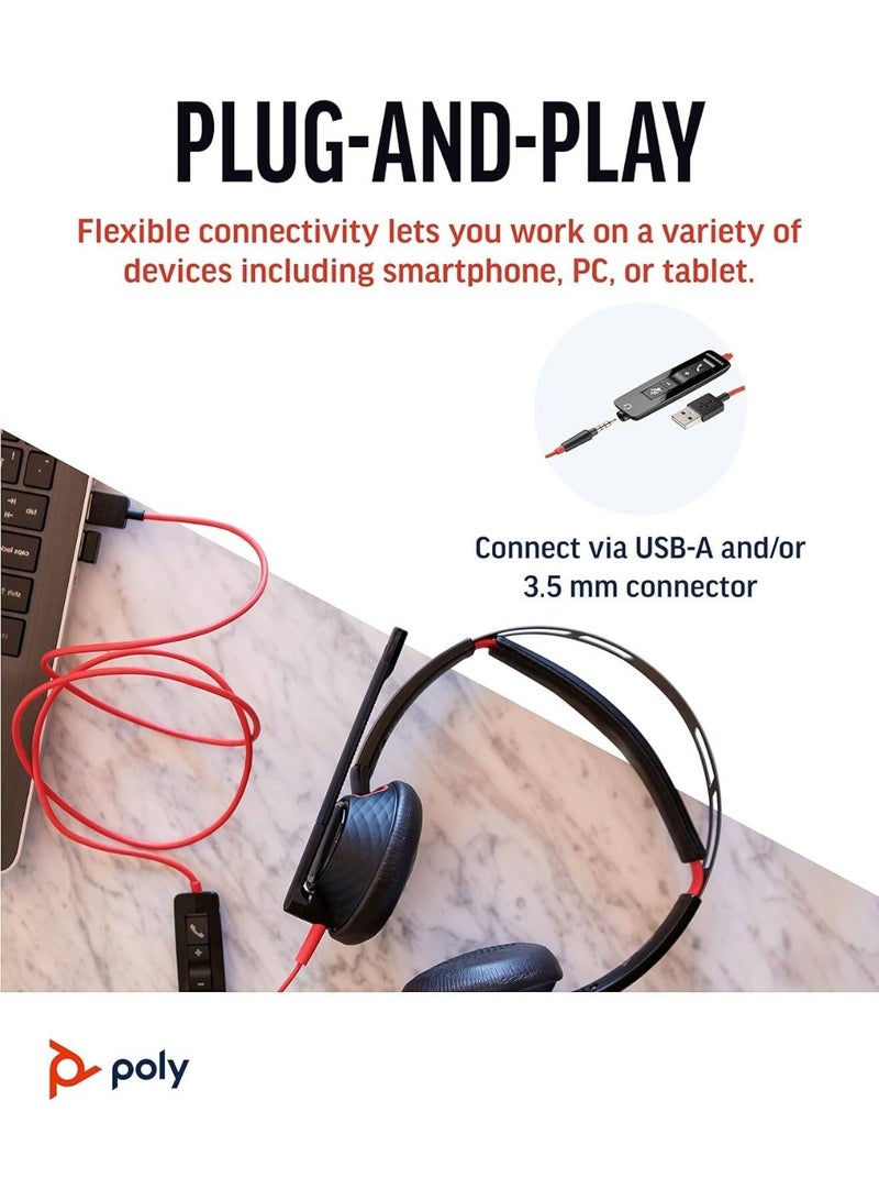 سماعة رأس سلكية ستيريو Blackwire 5220 بمنفذ USB-C، مزودة بمقبس 3.5 مم ومحول USB-A، وميكروفون عازل للضوضاء، وعناصر تحكم مدمجة في المكالمات، ووسائد أذن جلدية، وتصميم قابل للطي، لأجهزة الكمبيوتر الشخصية، واللاب توب، والتابلت، والهواتف المحمولة | (بالجملة) 8X231A6 - Image 3