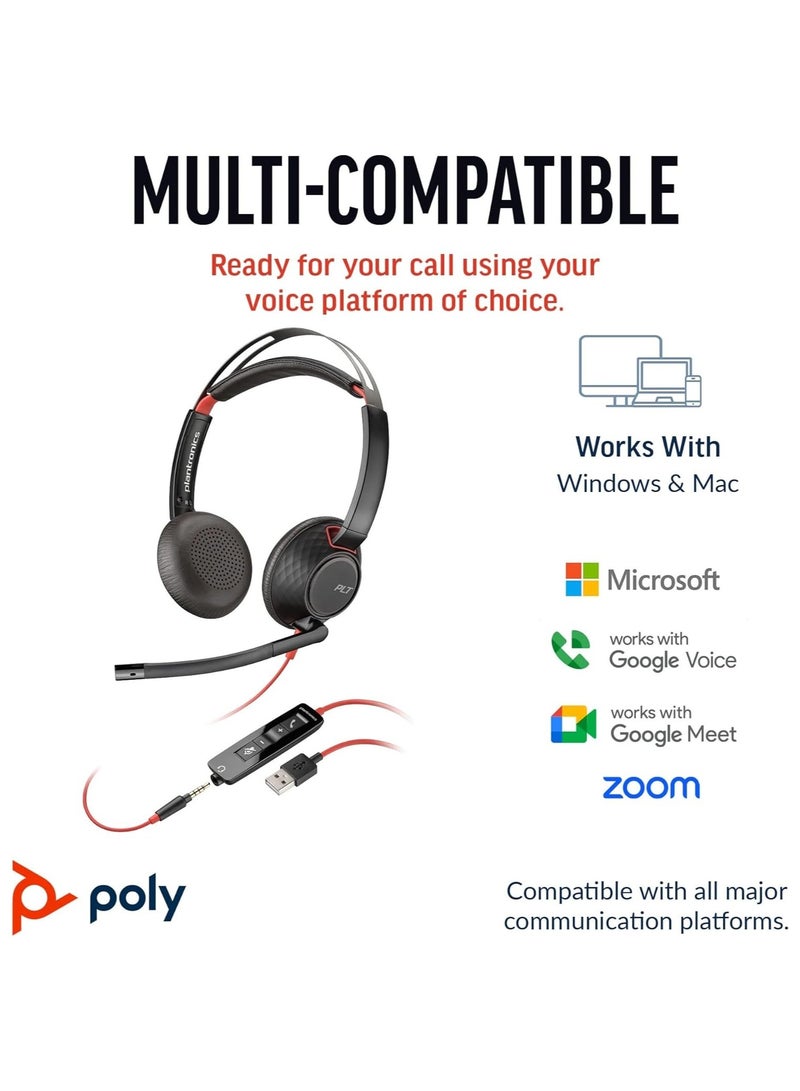 سماعة رأس سلكية ستيريو Blackwire 5220 بمنفذ USB-C، مزودة بمقبس 3.5 مم ومحول USB-A، وميكروفون عازل للضوضاء، وعناصر تحكم مدمجة في المكالمات، ووسائد أذن جلدية، وتصميم قابل للطي، لأجهزة الكمبيوتر الشخصية، واللاب توب، والتابلت، والهواتف المحمولة | (بالجملة) 8X231A6 - Image 2