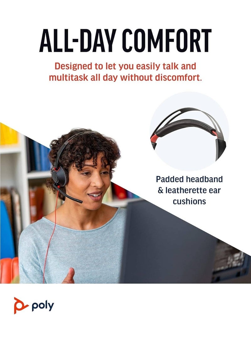 سماعة رأس سلكية ستيريو Blackwire 5220 بمنفذ USB-C، مزودة بمقبس 3.5 مم ومحول USB-A، وميكروفون عازل للضوضاء، وعناصر تحكم مدمجة في المكالمات، ووسائد أذن جلدية، وتصميم قابل للطي، لأجهزة الكمبيوتر الشخصية، واللاب توب، والتابلت، والهواتف المحمولة | (بالجملة) 8X231A6 - Image 4