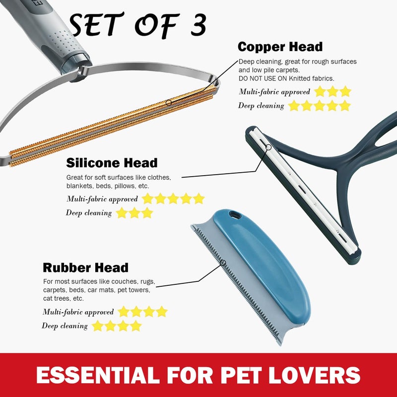 ELEMSY Pet Hair Removal Tools (3-Pack), Dog Cat Hair Remover Pro, Lint Shaver Cleaner, Fur Removal Carpet Scraper, Fuzz Hairball Brush for Carpet, Car Mat, Clothes, Couch, Pet Bed, Cat Tree, Furniture - Image 2