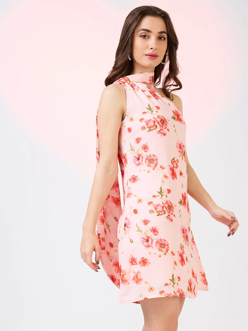globus Women Scarf Drape Neck One Shoulder Floral Print Mini A-Line Party Dress