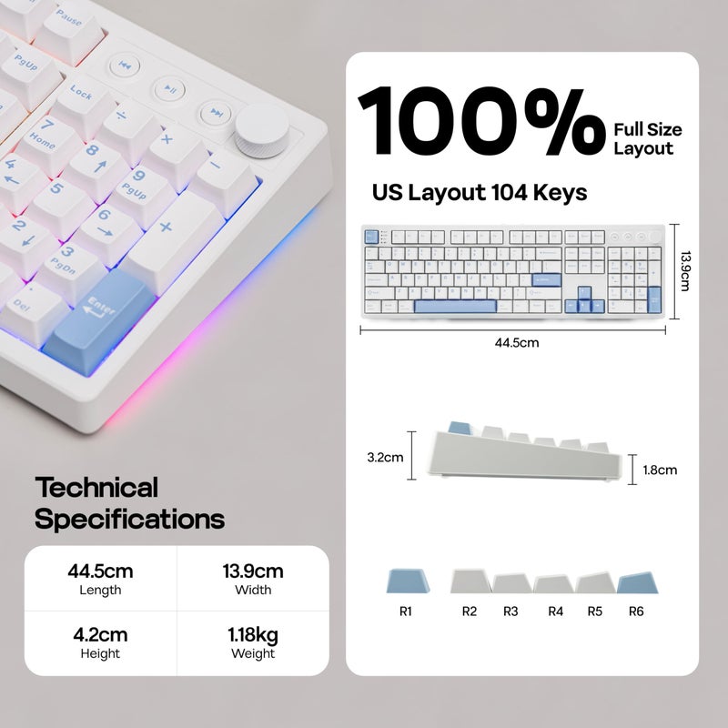 MechLands Vibe108 Full Size Mechanical Keyboard with Knob & Multimedia Buttons, Wireless Gaming Keyboard with 10000mAh Battery, RGB Backlits, 104 Keys Hot Swappable, Custom Driver (Cream Mint Switch) - Image 5