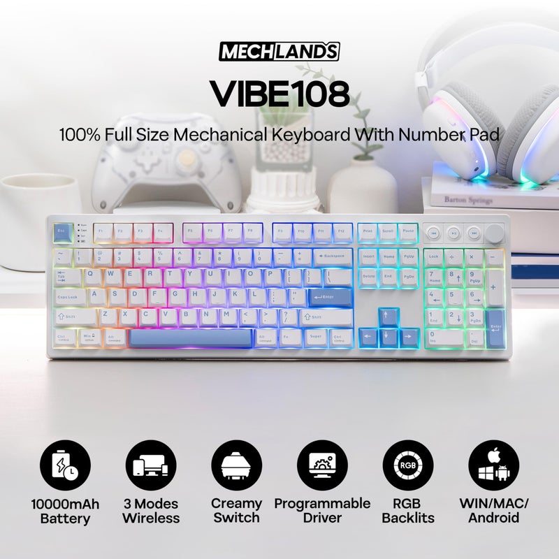 MechLands Vibe108 Full Size Mechanical Keyboard with Knob & Multimedia Buttons, Wireless Gaming Keyboard with 10000mAh Battery, RGB Backlits, 104 Keys Hot Swappable, Custom Driver (Cream Mint Switch) - Image 2