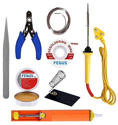 FEDUS Corded Electric Soldering Iron Kit Set|Soldering Paste,Soldering Stand,Soldering Iron(25W) Soldering Wire, Wire Stripper, Desoldering Wick, Desoldering Pump, Solder Sucker, Tweezers - Image 1