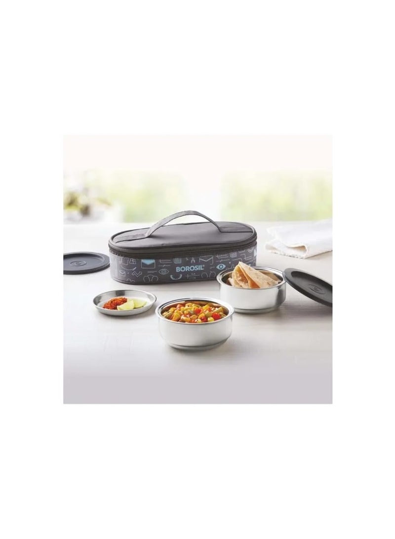 Borosil Carry Fresh Stainless Steel Lunchbox with Bag | 2 pc Round Container Set (180 ml Each) | Leakproof Tiffin with Food Grade Steel | Horizontal | 1 Year Warranty  - Image 1