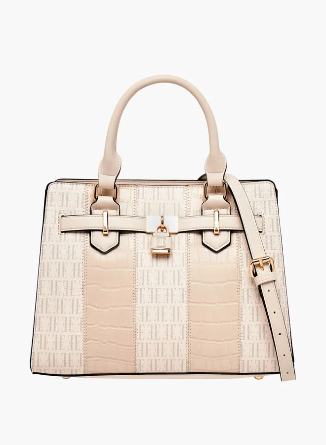 ايل Women Monogram Print Tote Bag with Detachable Strap and Zip Closure
