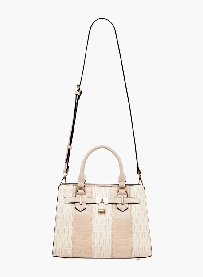 ايل Women Monogram Print Tote Bag with Detachable Strap and Zip Closure