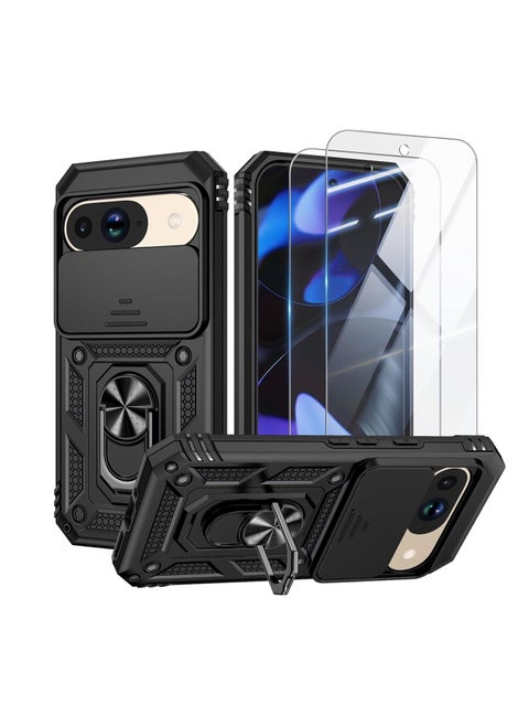 [1+2] for Google Pixel 9 Pro Phone Case with Tempered Glass Screen Protector (2pcs) and Sliding Camera Cover, Kickstand Ring, Mil-Grade Shockproof Case