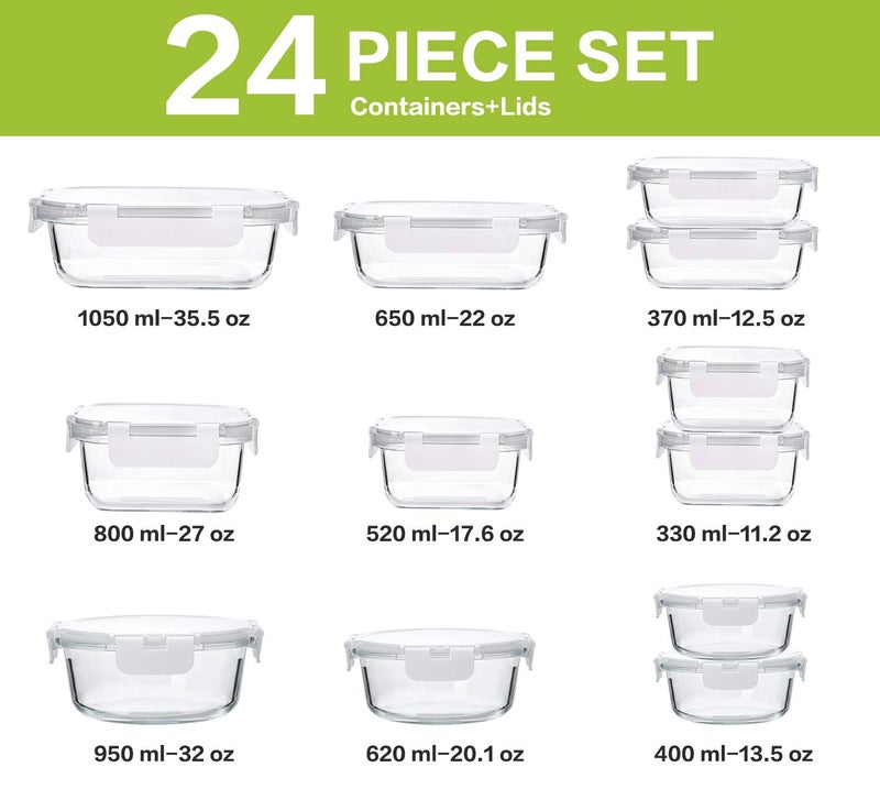M MCIRCO 24-Piece Glass Food Storage Containers with Upgraded Snap Locking Lids,Glass Meal Prep Containers Set - Airtight Lunch Containers, Microwave, Oven, Freezer and Dishwasher,White - Image 2