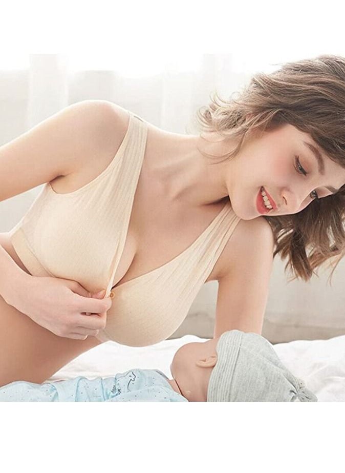 Rubik Nursing Bra for Women, Rubik Breast Feeding Maternity Front Button Closure Seamless Removeable Padded Smooth Wireless Pregnancy Sleeping Bra (Large) Beige  - Image 2
