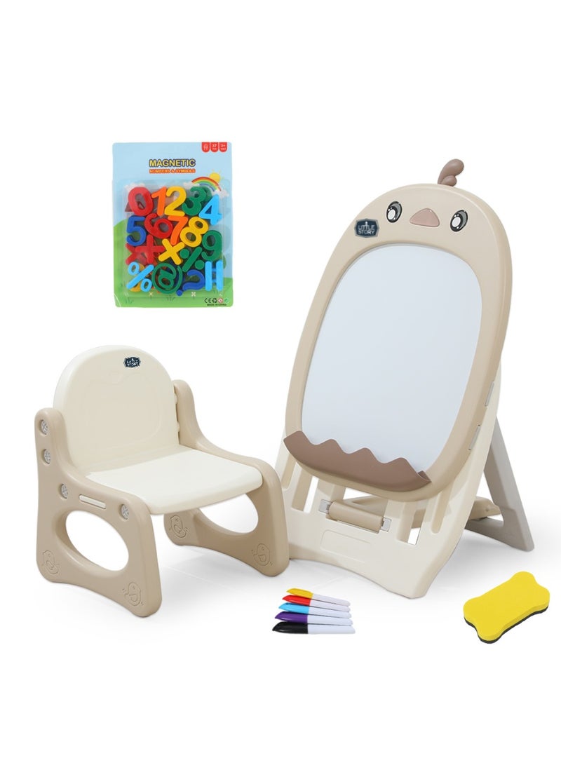 Little Story Drawing Board with Chair, Magnetic Numbers, 5 Color Pen and Eraser- Beige - Image 1