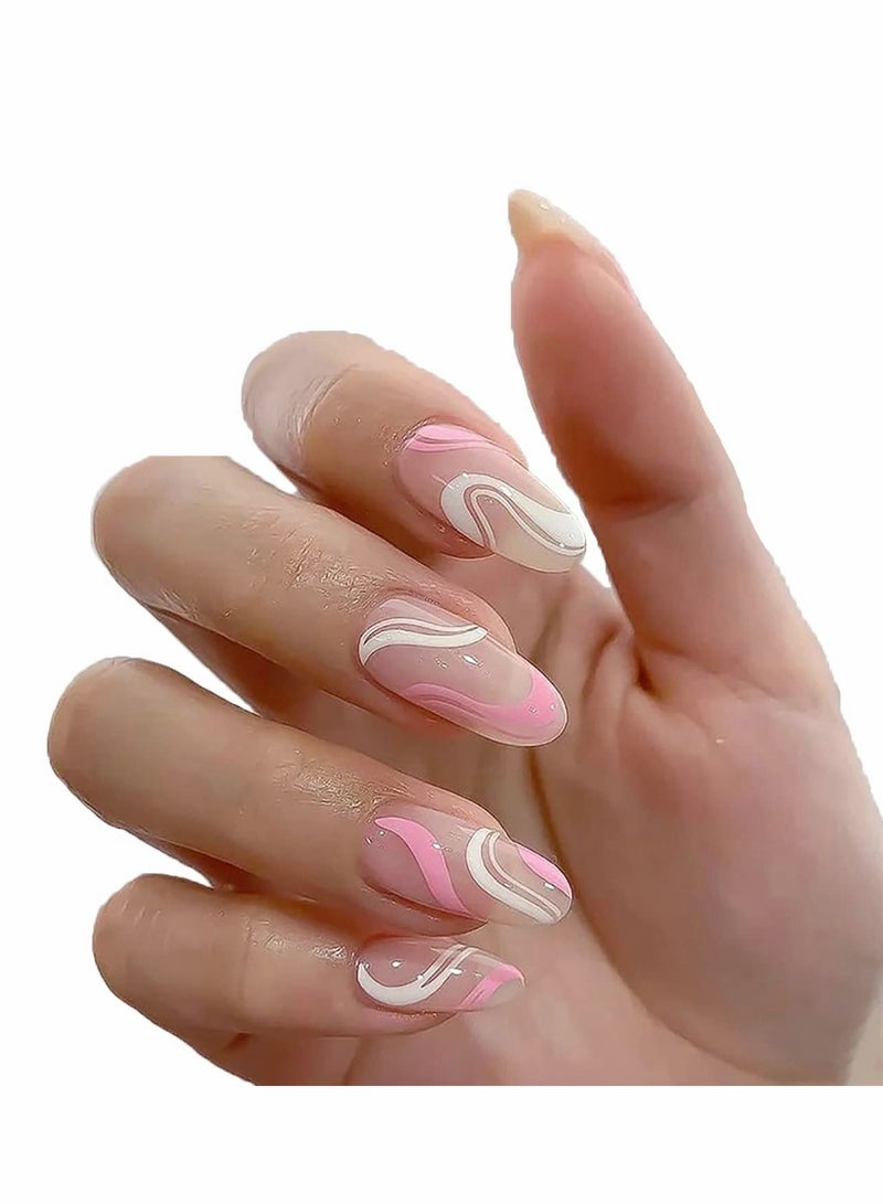 Excefore Acrylic Nails, Fake Nails Medium Length Press on White Pink Abstract Cute Coffin False with Glue, Stick Art Manicure Decoration, Glossy Nude 24Pcs - Image 1