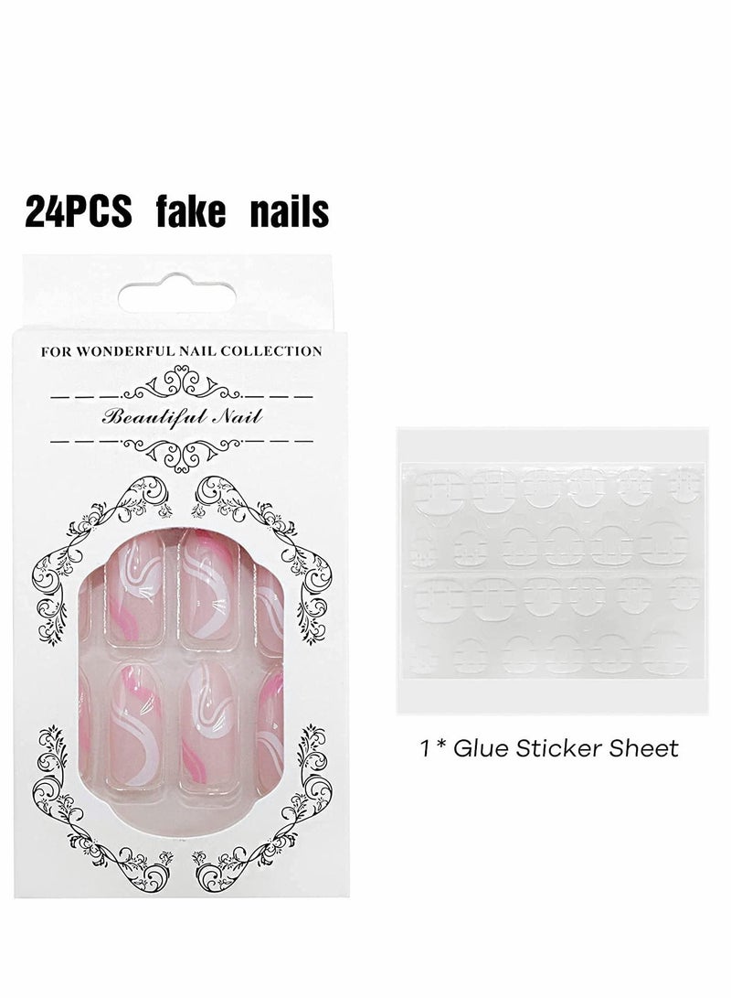 Excefore Acrylic Nails, Fake Nails Medium Length Press on White Pink Abstract Cute Coffin False with Glue, Stick Art Manicure Decoration, Glossy Nude 24Pcs - Image 3
