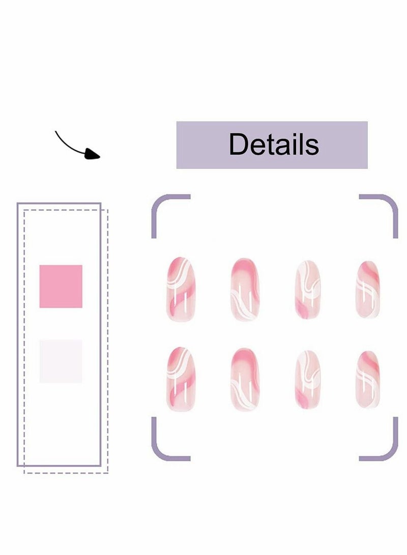 Excefore Acrylic Nails, Fake Nails Medium Length Press on White Pink Abstract Cute Coffin False with Glue, Stick Art Manicure Decoration, Glossy Nude 24Pcs - Image 5