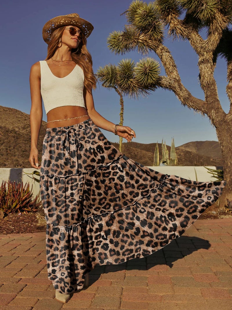 onlypuff Maxi Skirt for Women Boho Western Skirts High Waist Long Skirt with Pockets Fall Festival Outfits Clothing LeopardPrint S - Image 3